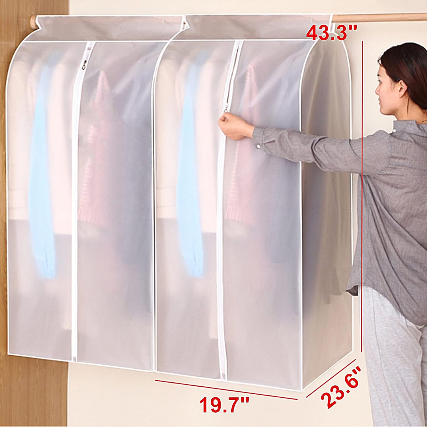 Paquete de 2 bolsas grandes transparentes para colgar ropa de 43 pulgadas para almacenamiento de ropa bien sellada, cubierta antipolvo con para