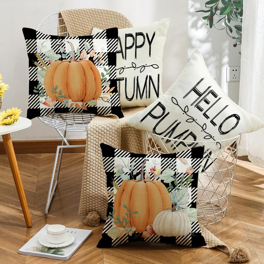 Juego de 4 fundas de almohada de otoño de 18 x 18 pulgadas para decoración de otoño, decoración de otoño, calabaza, hoja de arce y Acción de