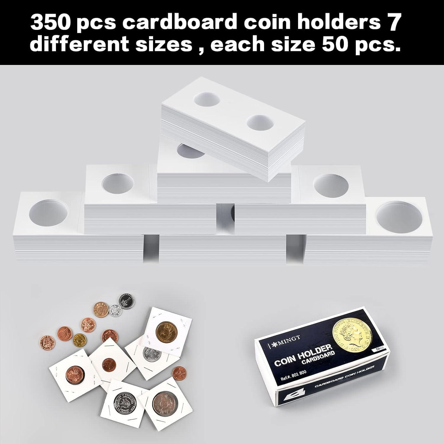 350 soportes para monedas de cartón, monedas, 2 x 2, 7 tamaños para coleccionistas, protector para coleccionistas, se adapta a 20.5, 23, 25, 27.5,