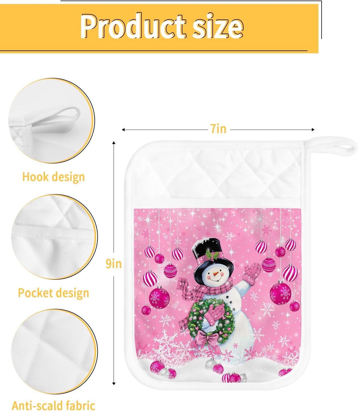 Snowman Pink 3Pcs Pot Holders for Kitchen, Non Slip & Heat Insulation Terry Cloth Potholder Set with Pocket, Thick Hot Pad Oven Mitts Trivet Coaster