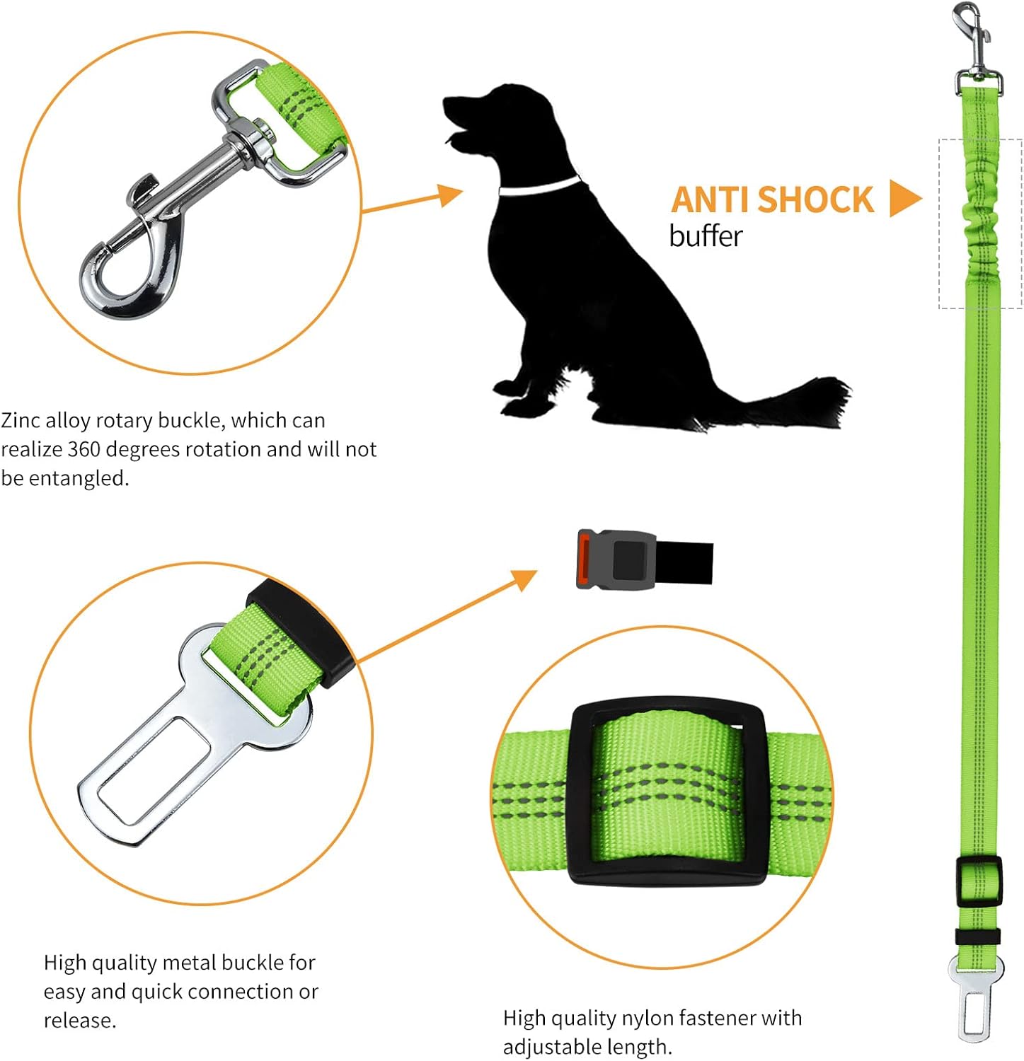 Cinturón de seguridad para perros, cinturón para perros con amortiguador elástico elástico, arnés de seguridad ajustable para perro (verde)