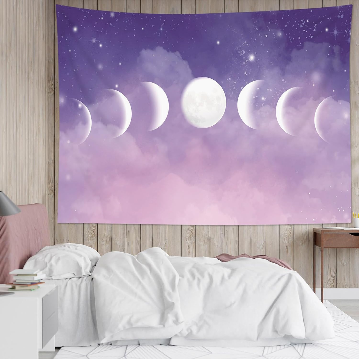 HVEST Tapiz de fase lunar para colgar en la pared, fase lunar y estrellas con nube en el cielo morado, tapiz de paisaje natural pastel para sala de