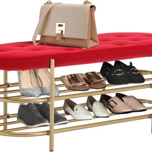 Banco de terciopelo con almacenamiento, banco de extremo de cama con estante doble, banco tapizado para zapatos con patas doradas, para dormitorio, Banco de terciopelo con almacenamiento, banco de extremo de cama con estante doble, banco tapizado para zapatos con patas doradas, para dormitorio,
