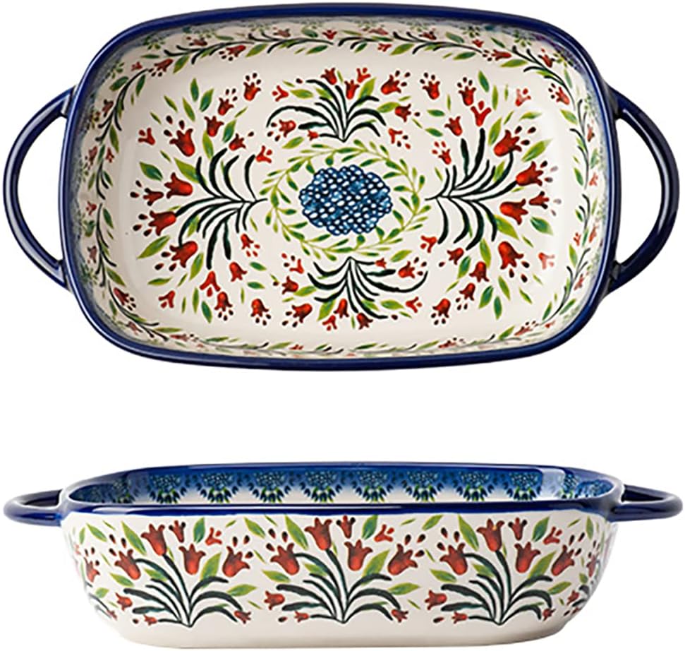 Cacerola de cerámica con patrón de flores de tulipán de estilo vintage, bandeja para hornear lasaña con asas para horno, cocinacocina, 1 unidad, 22