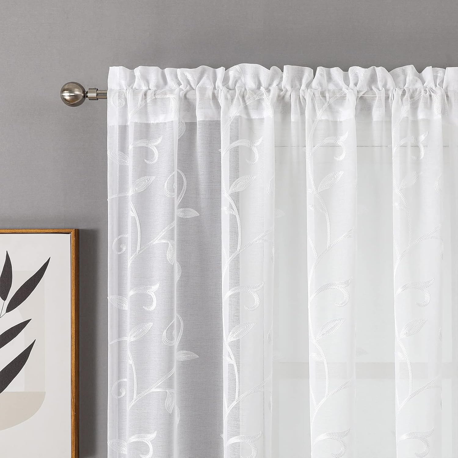 VISIONTEX – Cortinas de gasa transparente blanca, diseño blanco bordado de lino sintético, bolsillo para barra, para el hogar, cocina, sala de estar