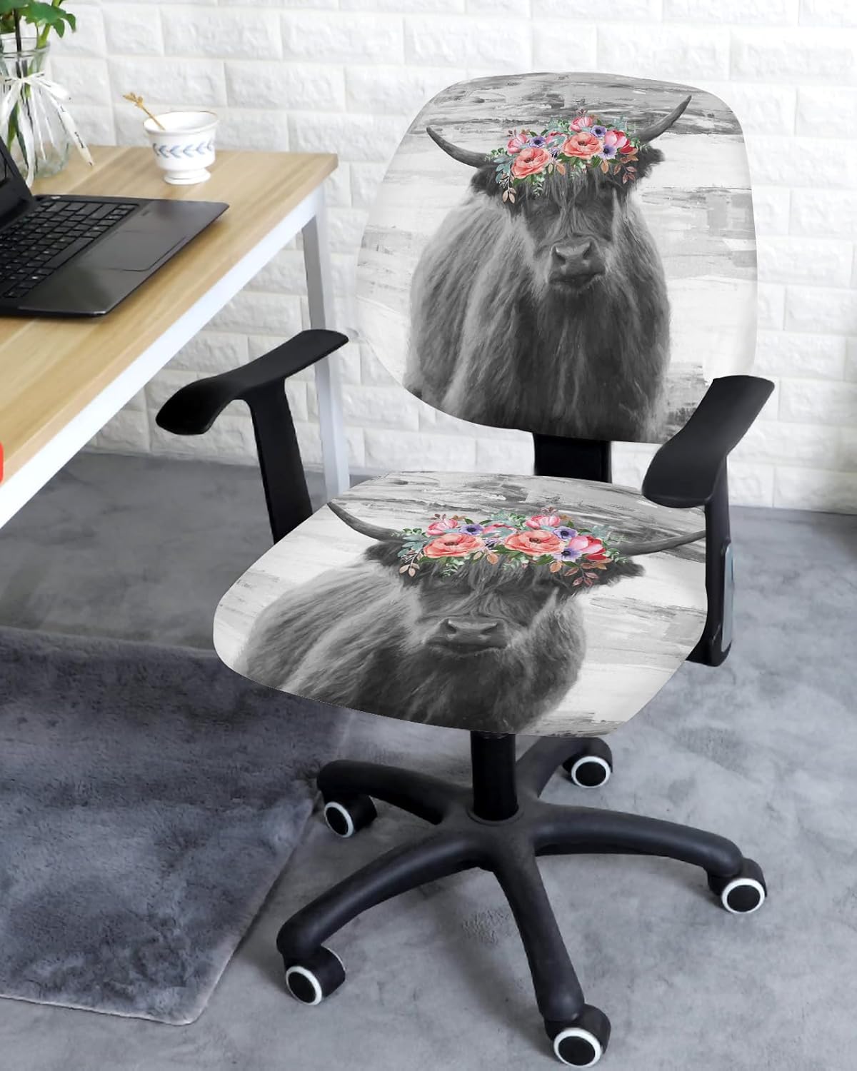 Fundas para silla de computadora de oficina, vaca de las tierras altas con corona, protector y elástico, resistente al agua, fundas de asiento