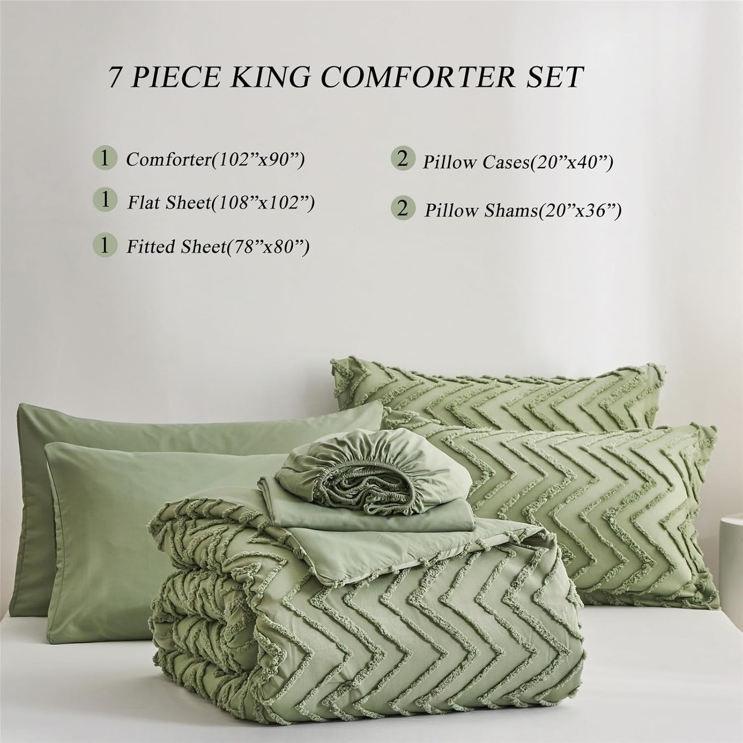KAKKI Juego de edredón y sábanas de 7 piezas tamaño King en una bolsa, diseño de cheurón verde salvia, juego completo de ropa de cama de microfibra