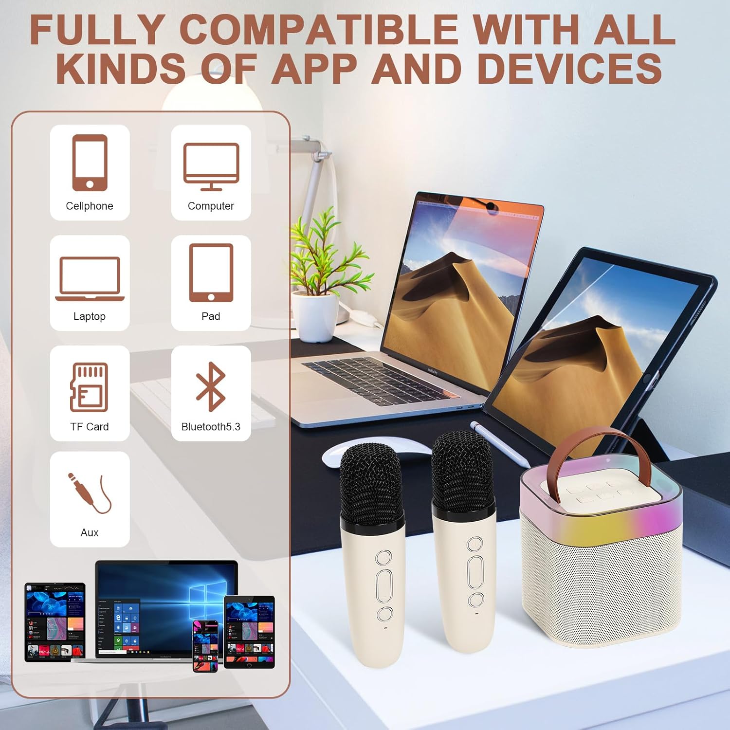 Mini máquina de karaoke para niños y adultos, altavoz portátil de karaoke Bluetooth con 2 micrófonos inalámbricos y luz, máquina de karaoke para
