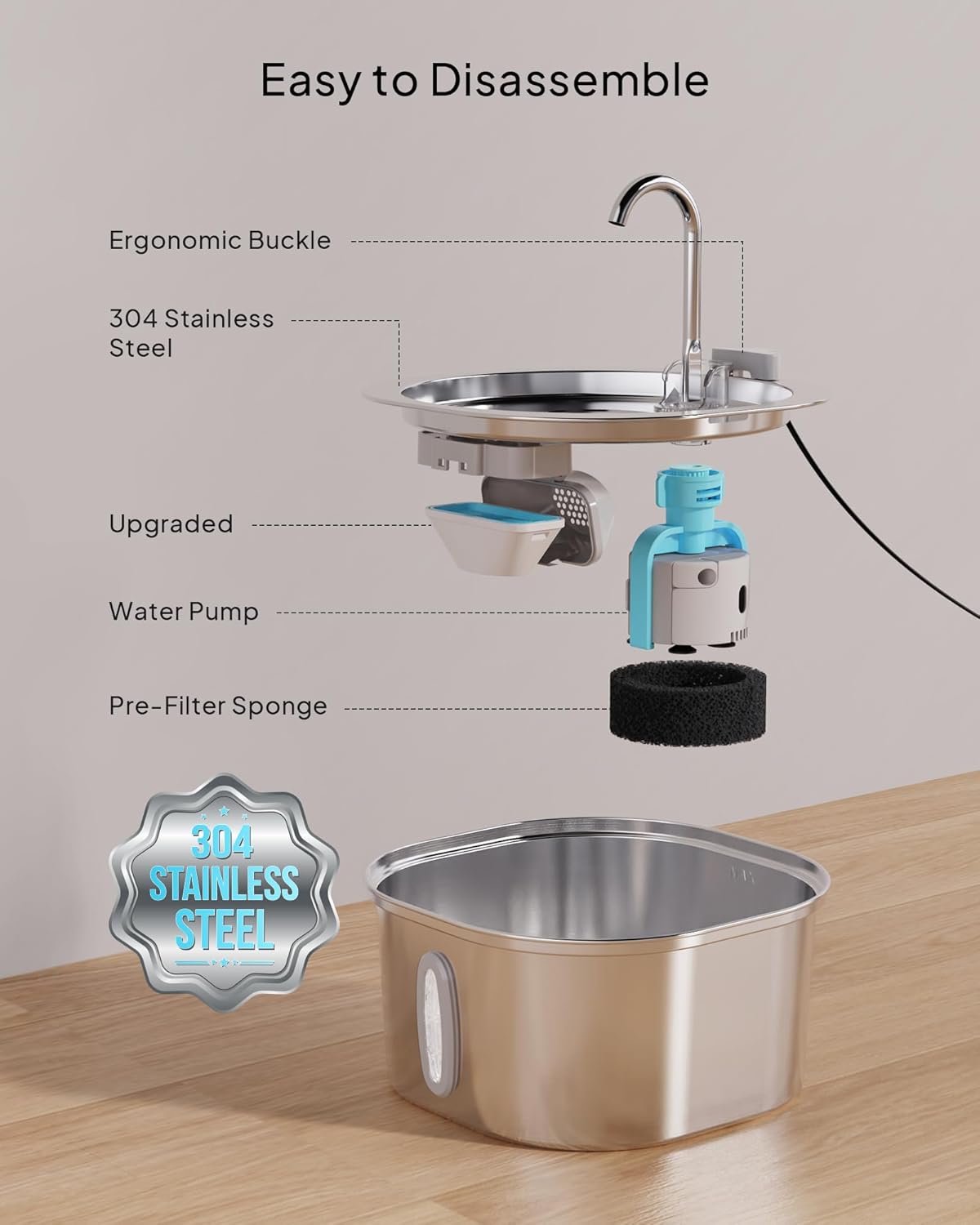 PEKTACO Fuente de agua para gatos  Fuente de agua para mascotas de acero inoxidable de 3.2L108 onzas para gatos en interiores, fuente de agua para
