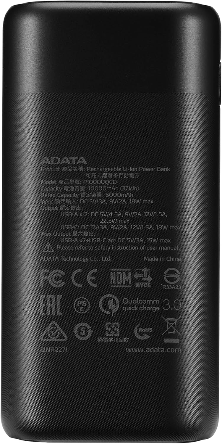 ADATA P10000QCD 10000mAh Qualcomm QC 3.0  USB PD 3.0 Dual USB-A (18W) y USB-C de carga rápida (18W) cargador portátil de banco de energía