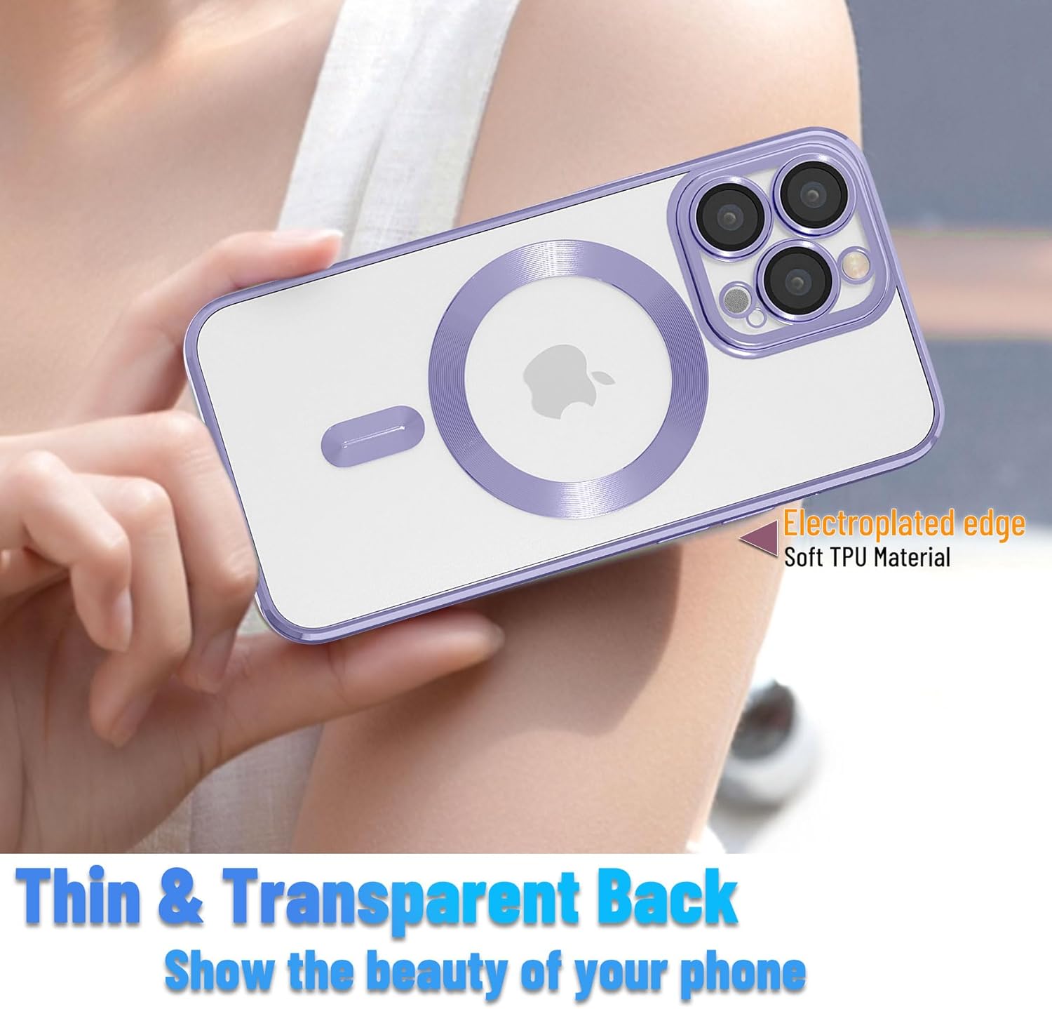 Funda magnética para iPhone 14 Pro Max, funda protectora delgada con borde galvanizado, parte trasera transparente, protección para cámara,