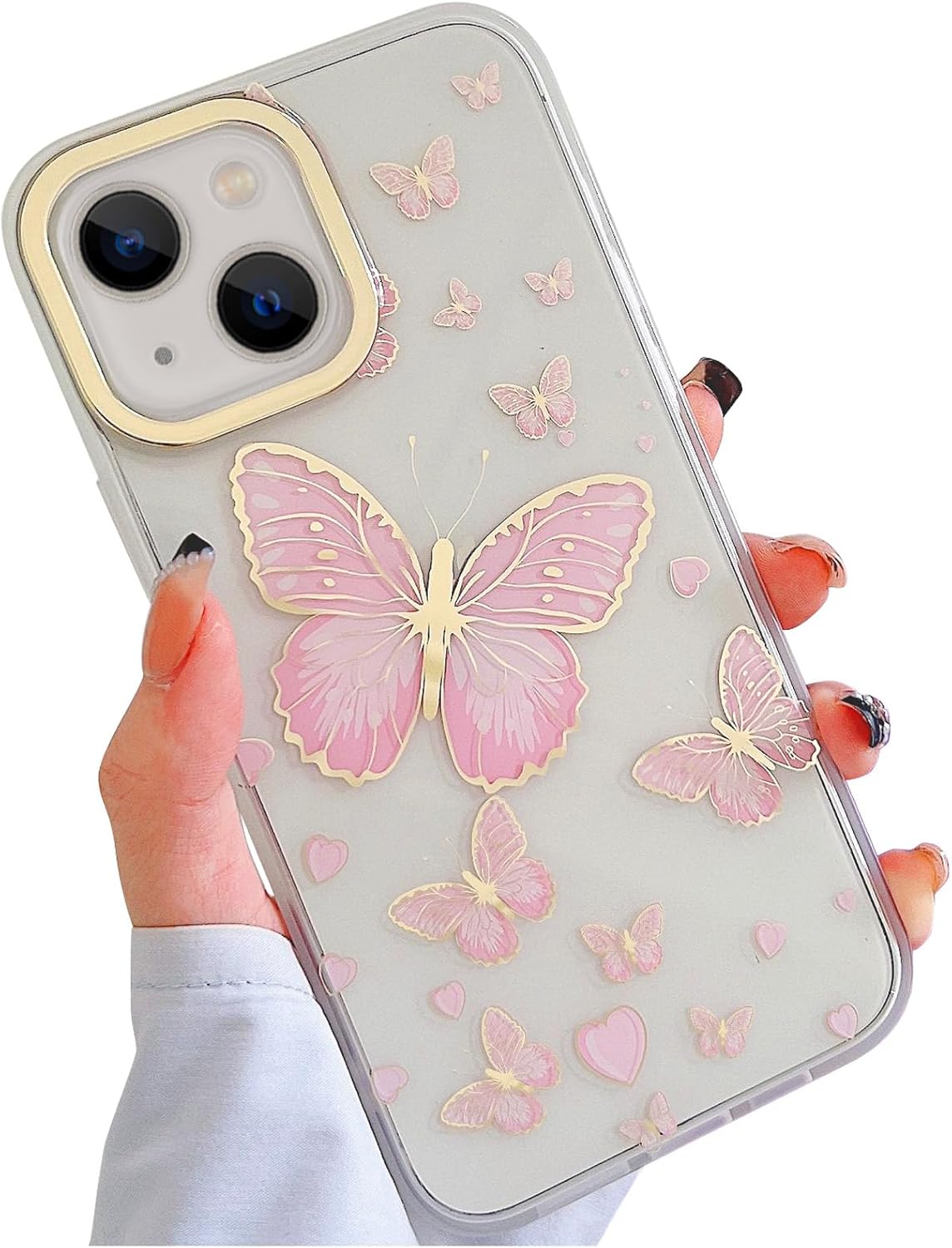 Funda transparente con purpurina para iPhone 15 para mujeres y niñas, mariposas doradas, bonito patrón en forma de corazón, ajuste delgado, funda