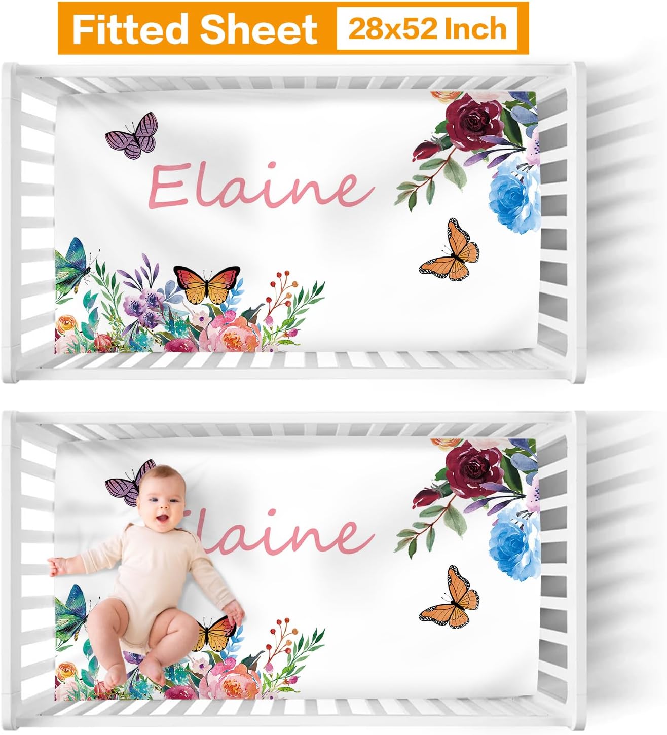 Juego de ropa de cama personalizado para cuna para bebé nombre personalizado, decoración de guardería, manta de bebé de mariposa colorida, sábana