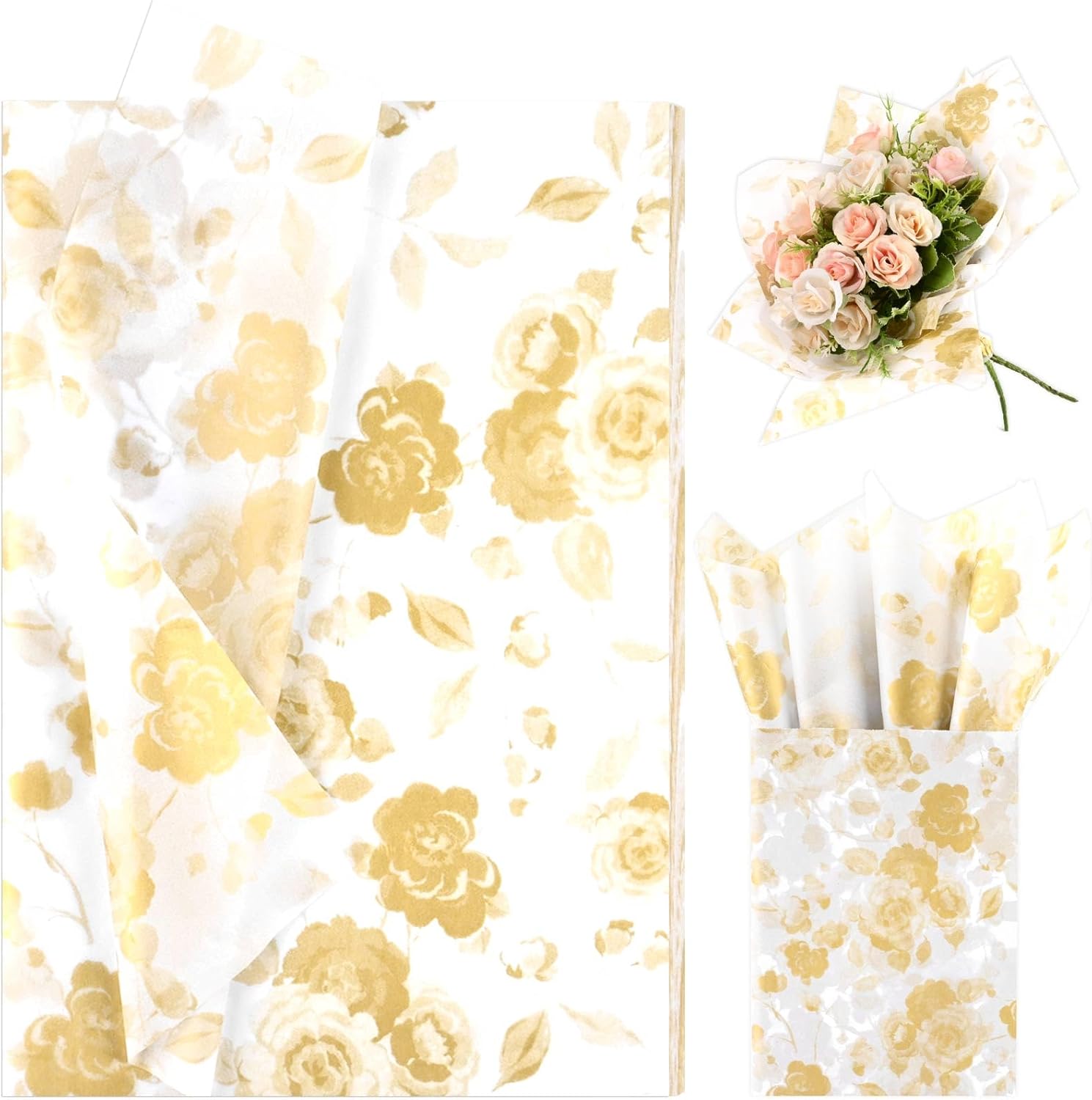 Bolsome 100 hojas de papel de seda floral de rosas a granel para envolver regalos, 20 x 14 pulgadas, papel de seda con patrón de flores vintage para