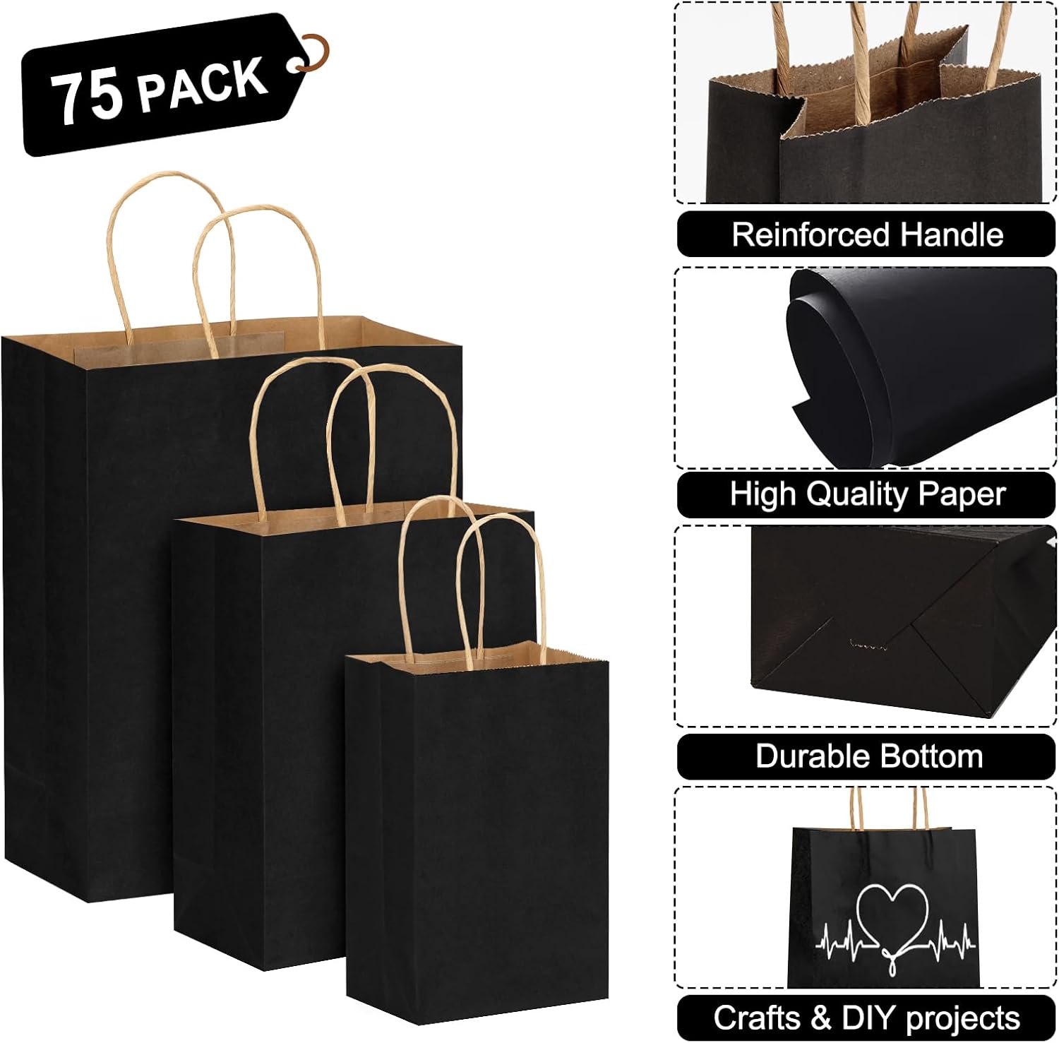 Moretoes 75 bolsas de regalo negras con asas, (8-10-12 pulgadas), bolsas de regalo de varios tamaños a granel, bolsas de papel kraft para pequeñas