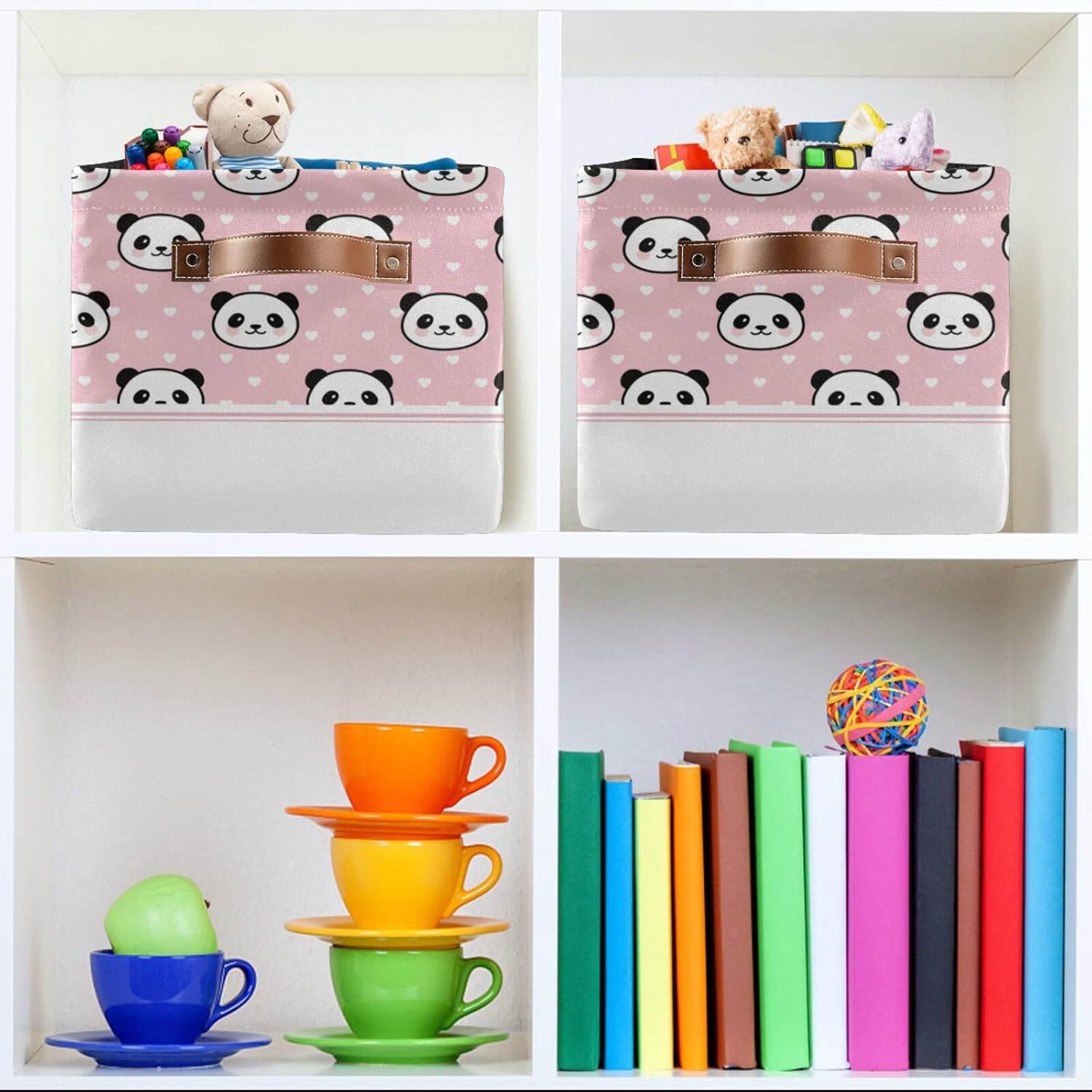 Cesta de almacenamiento rectangular con diseño de panda de dibujos animados, caja de almacenamiento plegable con asas de cuero, estantes, cesta