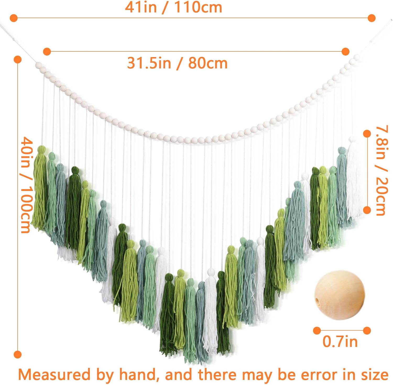 XMGZQ Guirnalda de macramé grande de color verde oliva, guirnalda de borlas verdes, decoración bohemia con cuentas de madera de algodón neutro para