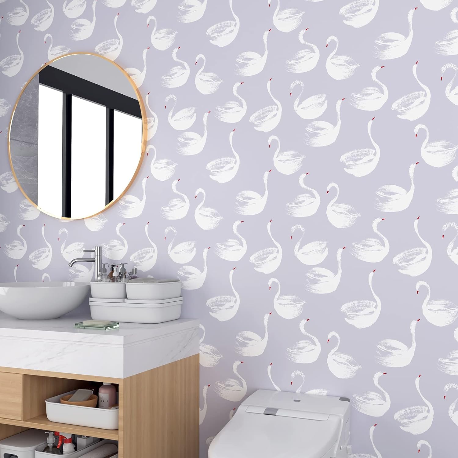 Papel tapiz de vinilo autoadhesivo con diseño de cisne blanco, diseño de cisnes de animales Art Deco, color gris, rojo y blanco, removible para