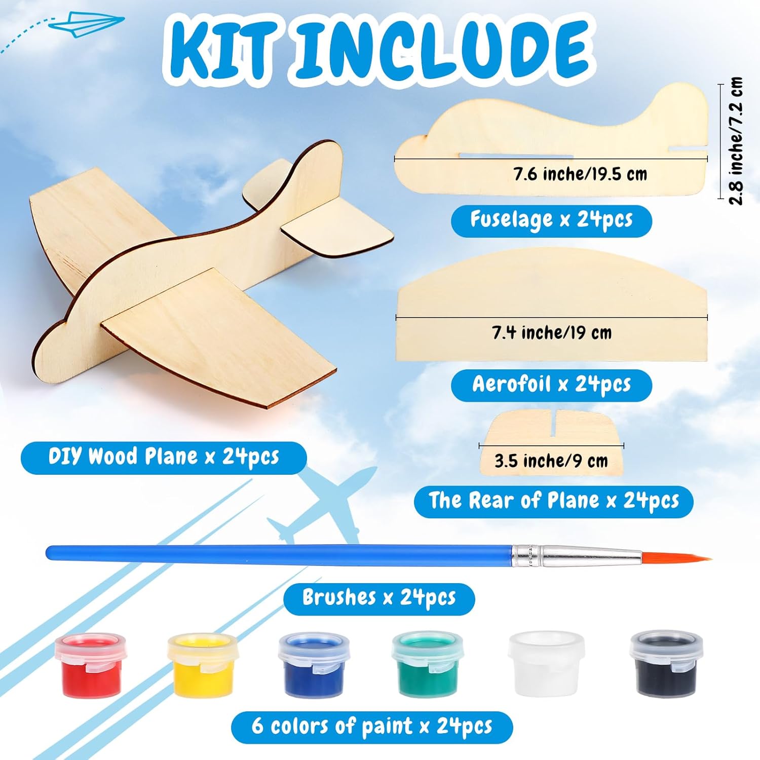 Shappy Paquete de 24 aviones de madera DIY con herramientas de decoración, modelo de madera, avión de madera de Balsa con kits de pintura, avión de