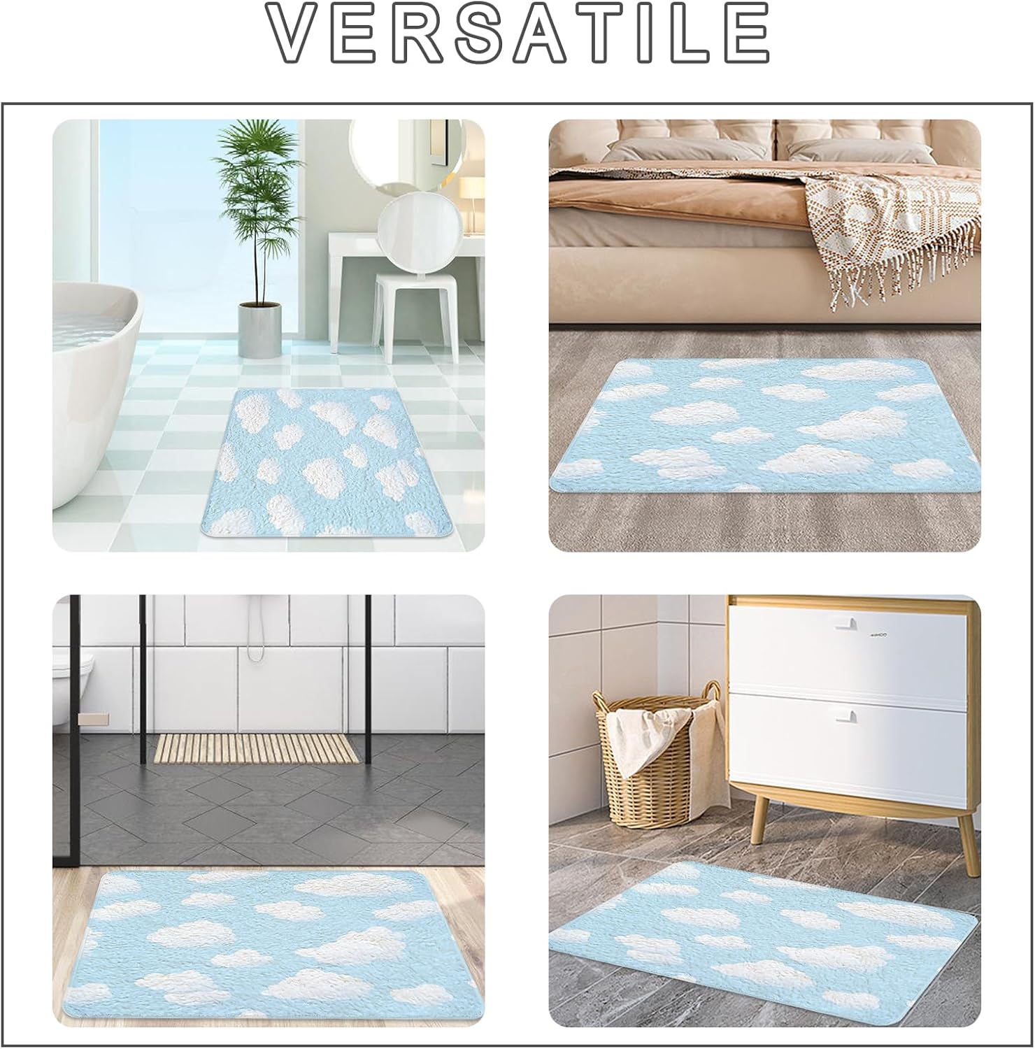 MEHOFOND White Clouds Blue Sky Bath Rugs 20”x32” Cute White Clouds Bathroom Mats Non-Slip Bath Rug Happy Clouds Bath Mat for Kids Bath Mats Extra