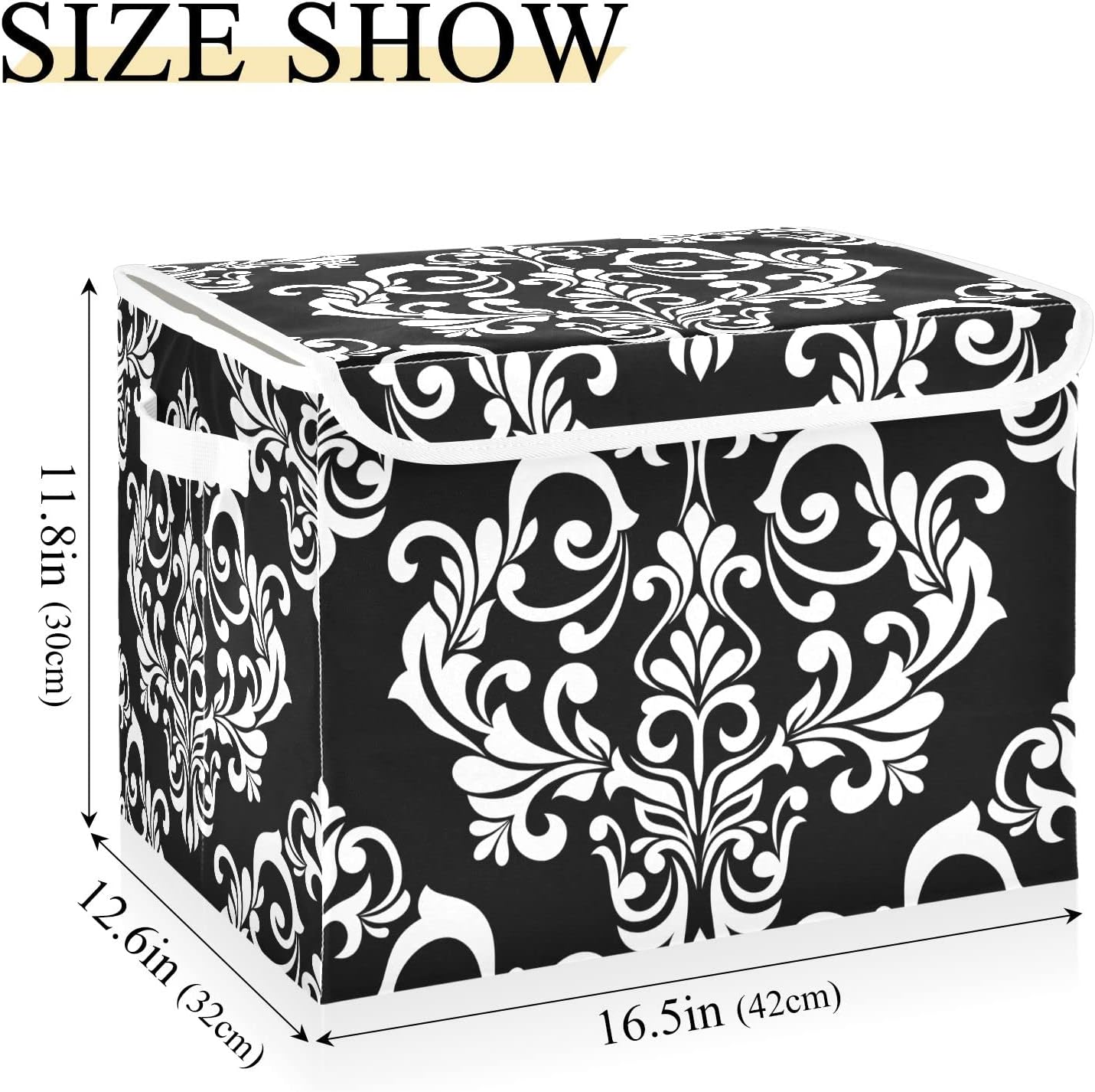 Cesta de almacenamiento con diseño floral barroco de damasco negro con tapas y asa, cubo de almacenamiento grande plegable para estantes, armario,