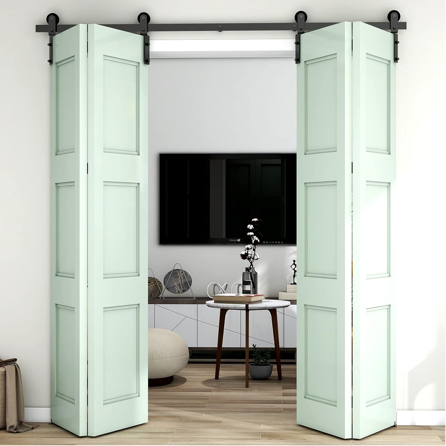 Kit de riel deslizante para puerta de granero biplegable de 6.6 pies79 pulgadas para 4 puertas de acero al carbono resistente (solo kit de hardware,
