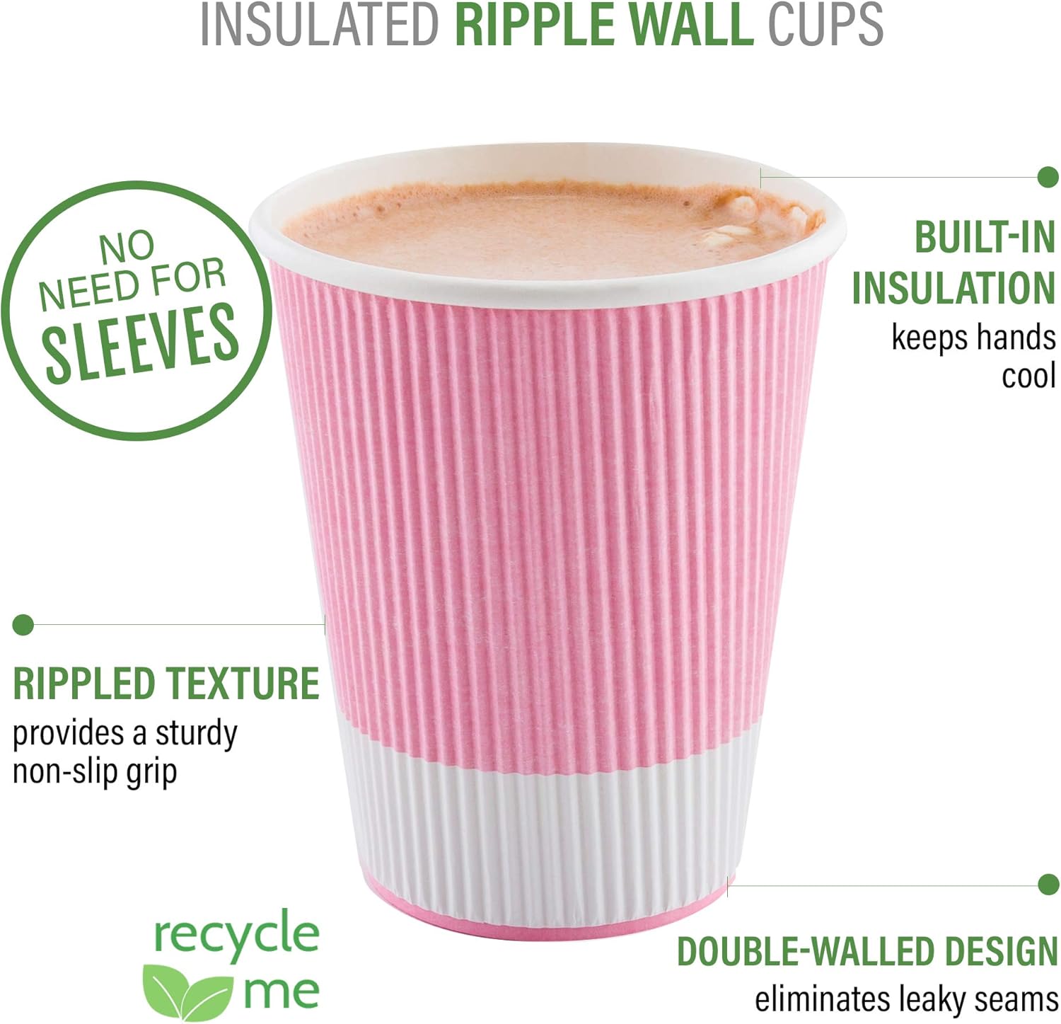 Vasos de café de papel aislado de pared corrugada, Rosado pastel
