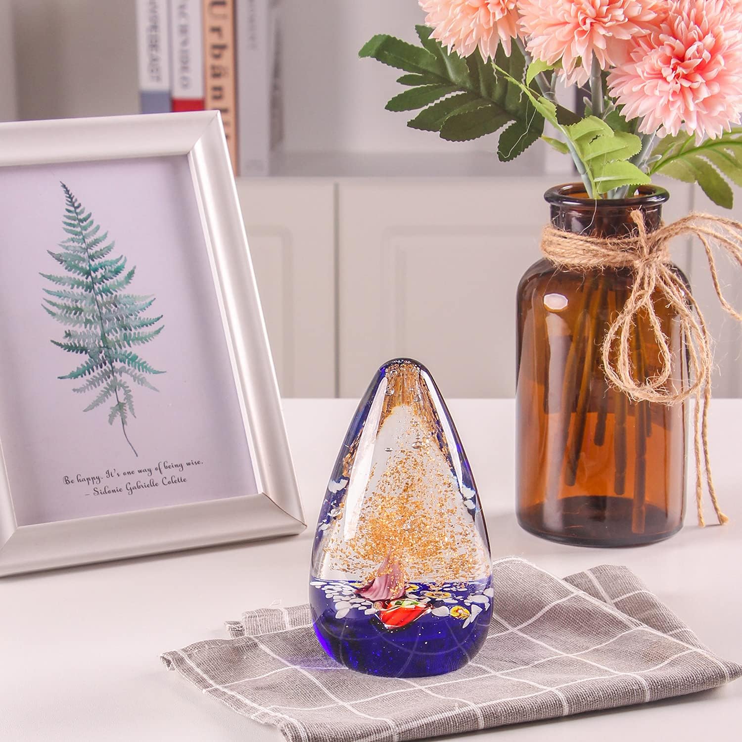 CAILIDE Regalo de cristal de arte de árbol de la suerte dorado soplado a mano para Navidad, cumpleaños, hogar, oficina, decoración, peso de papel