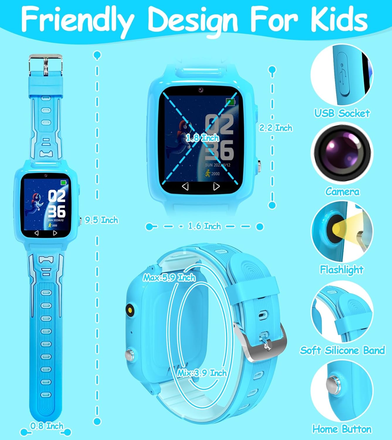 iGeeKid Reloj inteligente para niños con 25 juegos de rompecabezas, calculadora de video, pantalla táctil HD, reloj despertador, podómetro, relojes