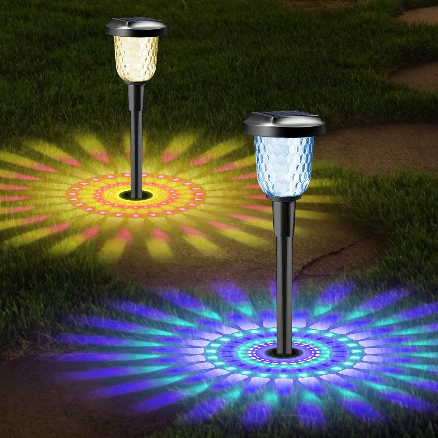 Paquete de 2 luces solares para camino, luces de cristal con estaca de paisaje que brillan hasta 12 horas para pasarela al aire libre, césped,
