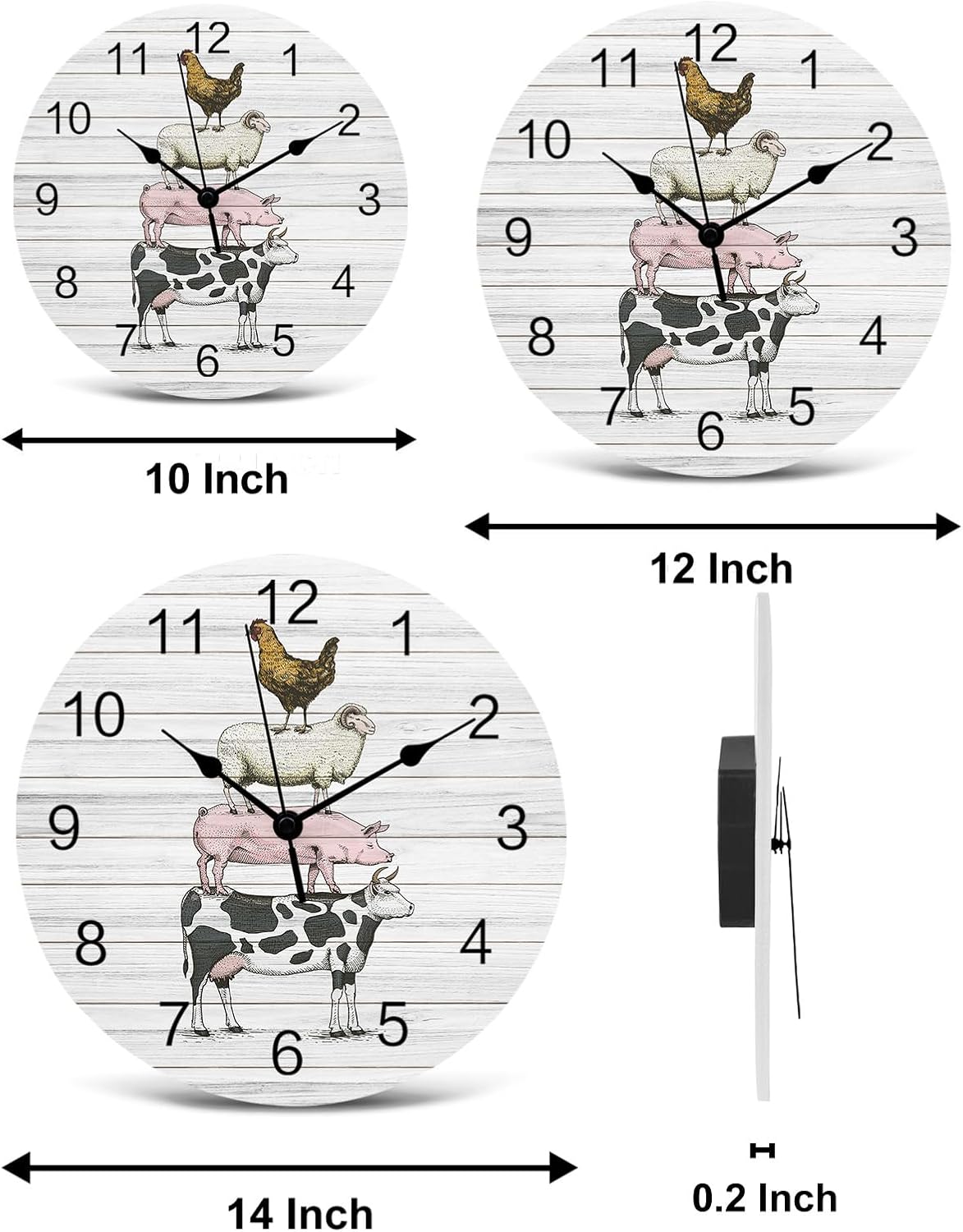 Reloj de pared de PVC de animales de granja, silencioso sin tictac, funciona con pilas, reloj redondo para el hogar, oficina, escuela, cocina,