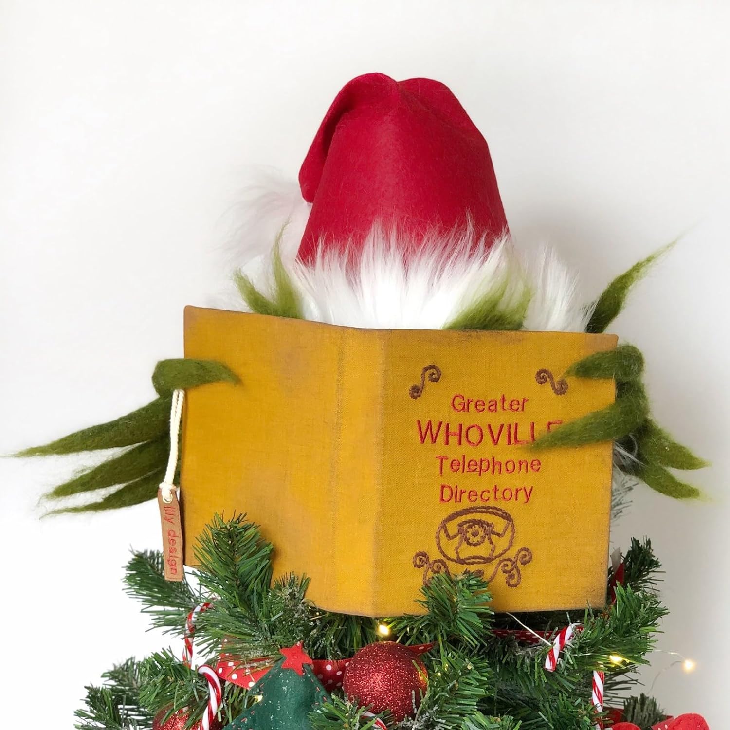 Sombrero creativo para decoración del árbol de Navidad, divertido monstruo verde escondido detrás del libro, tapa del árbol, adorno clásico de