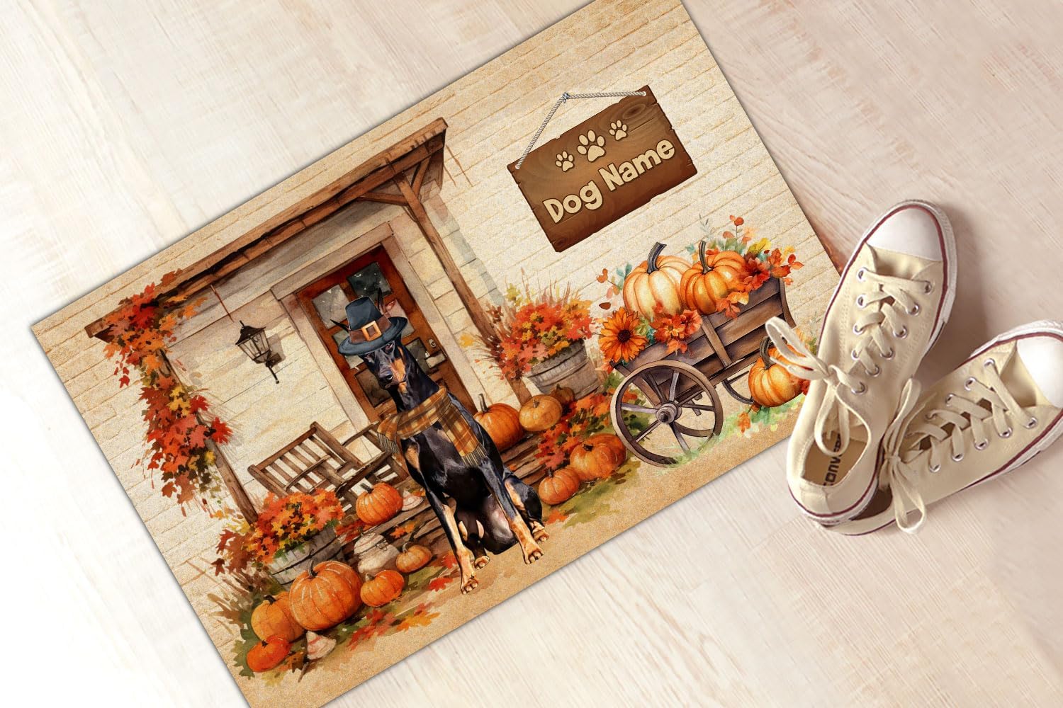 Tapete personalizado para puerta de perro de Acción de Gracias, Doberman Pinscher, tapete de otoño antideslizante, divertido tapete de entrada de