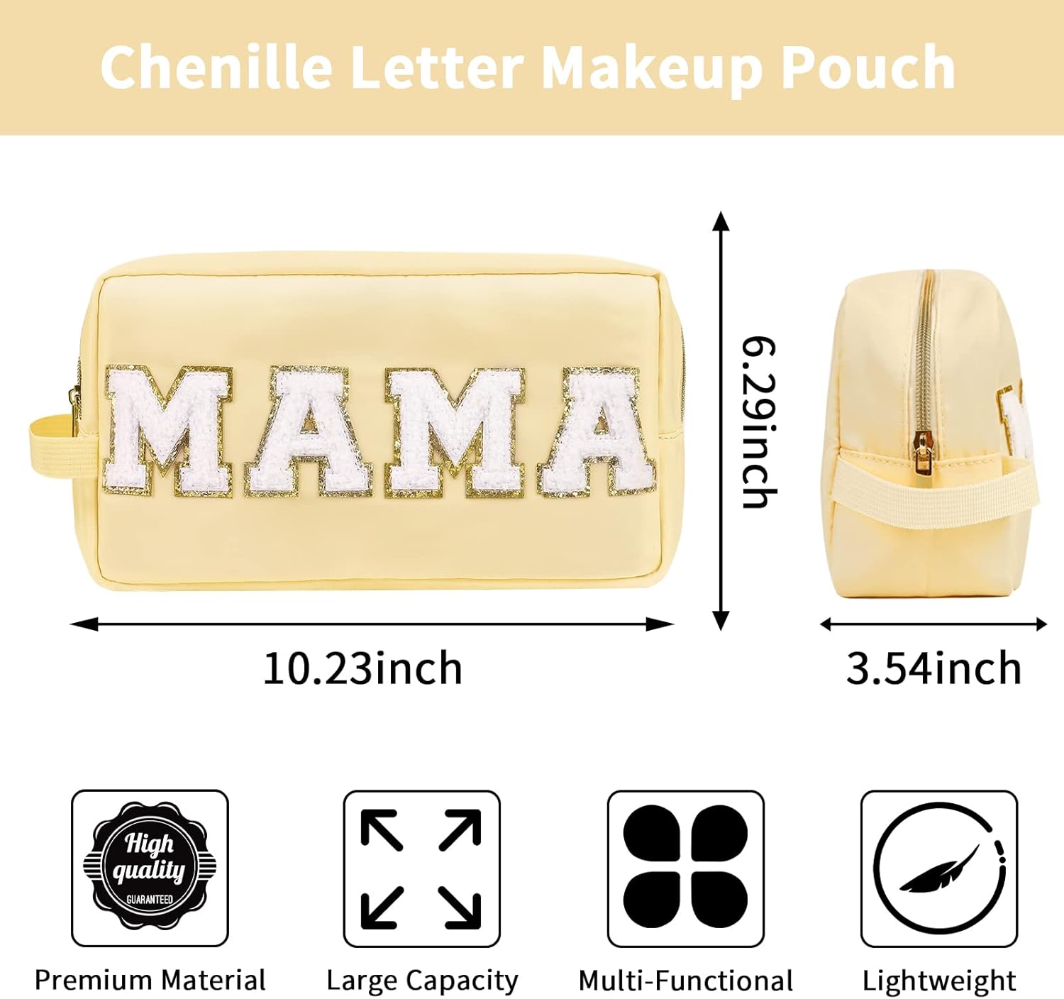 Iqimott Bolsa de maquillaje de parche Preppy, bolsa de maquillaje de letras de chenilla, bolsa de aseo pequeña, Mama-Beige