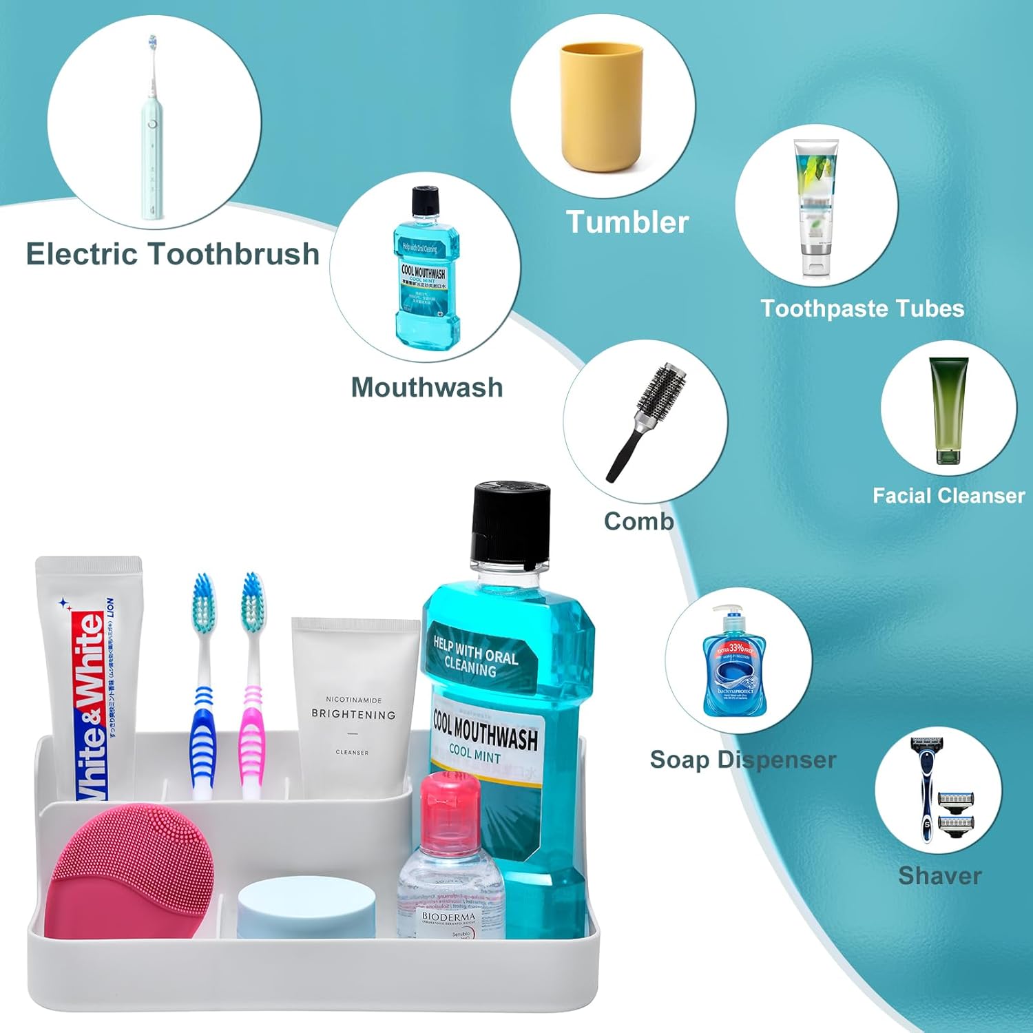 VITVITI Porta cepillos de dientes para baño, organizador de baño, encimera, organizador de encimera de baño con 5 compartimentos de almacenamiento