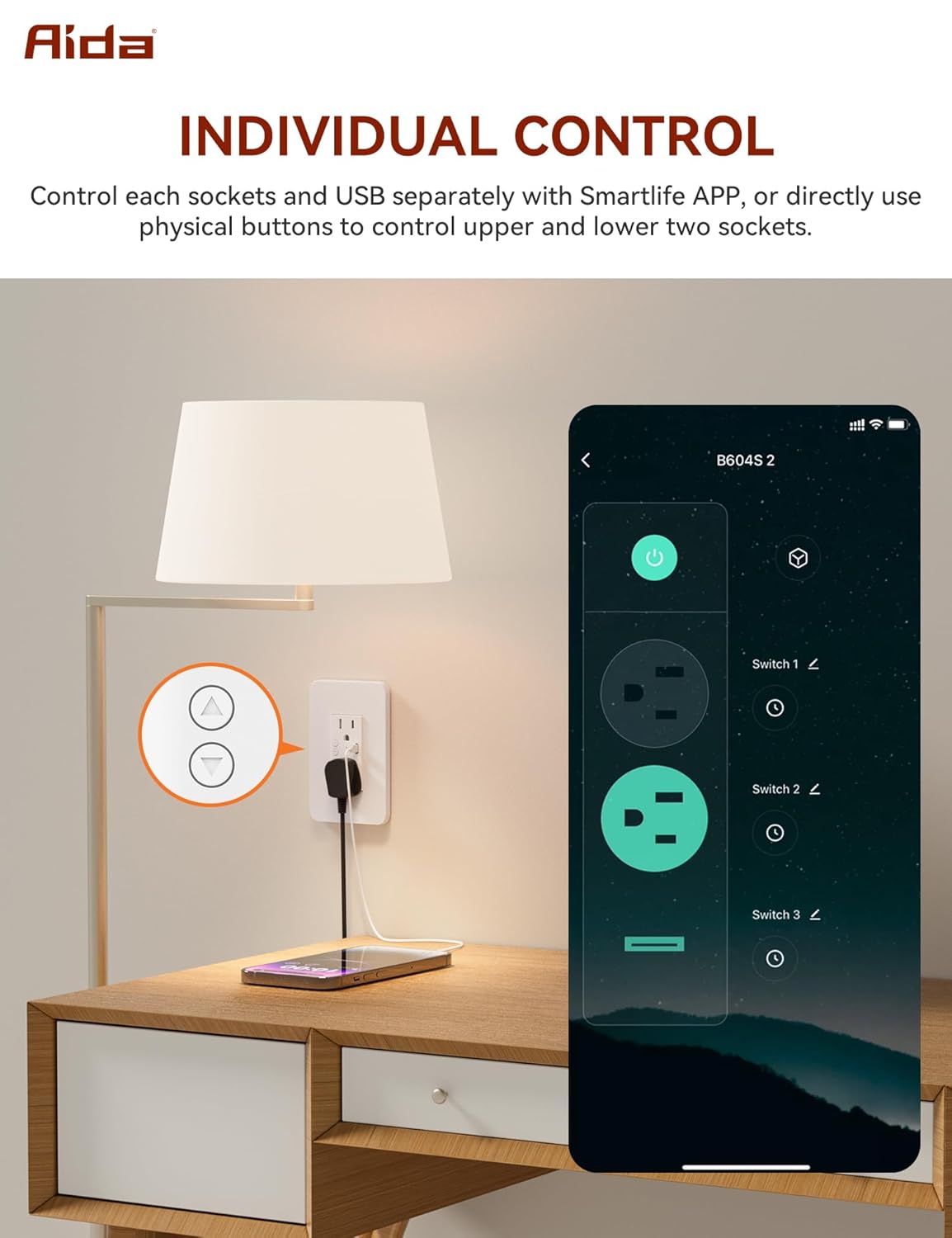 AIDA Toma de corriente inteligente Wi-Fi en pared, toma eléctrica estándar con puerto USB-C, receptáculo de 15 A, resistente a manipulaciones,