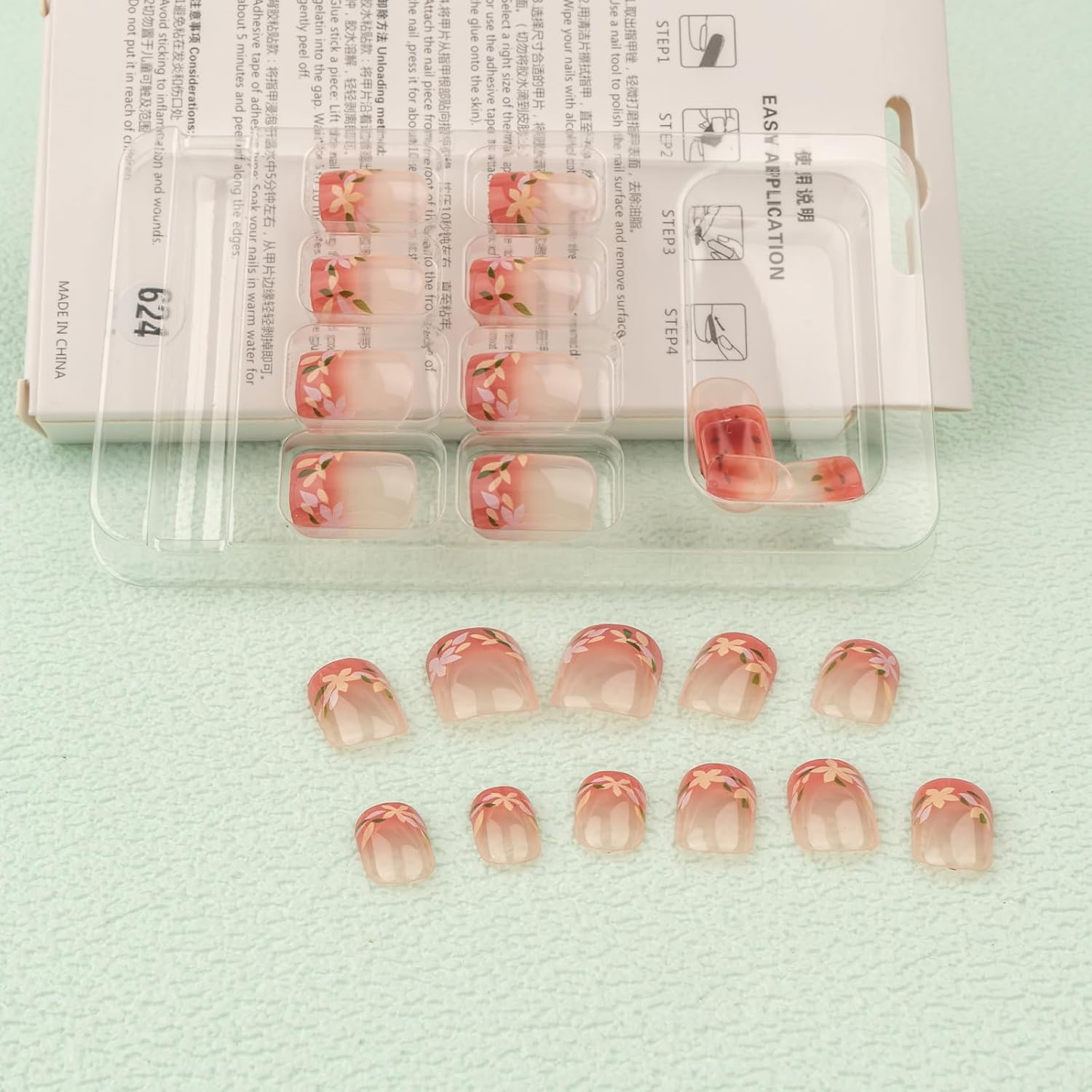Uñas postizas cuadradas cortas con diseños de flores simples, uñas postizas de verano, uñas postizas de cobertura completa, acrílicas, nude, uñas