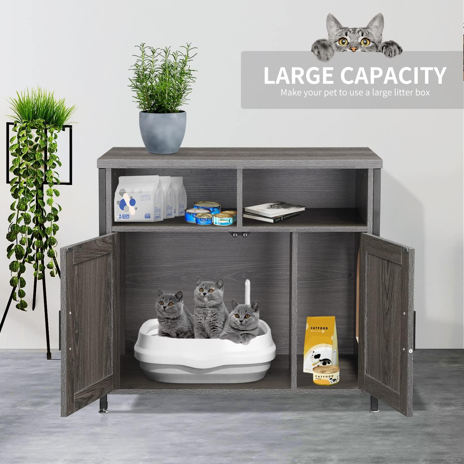 Muebles de caja de arena para gatos, banco de almacenamiento de arena oculto para gatos con estructura de madera resistente y puerta doble,