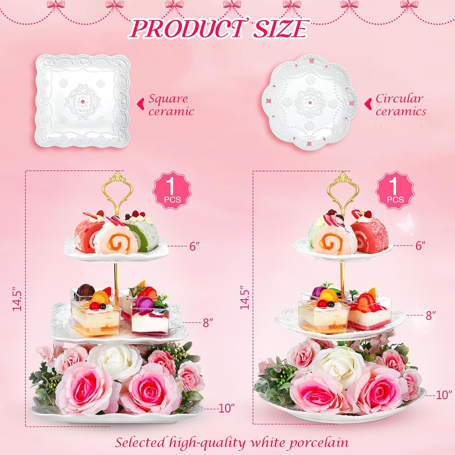 Ctosree Soporte redondo y cuadrado para cupcakes de porcelana de 3 niveles, soporte redondo y cuadrado para tartas de cerámica blanca, bandeja de