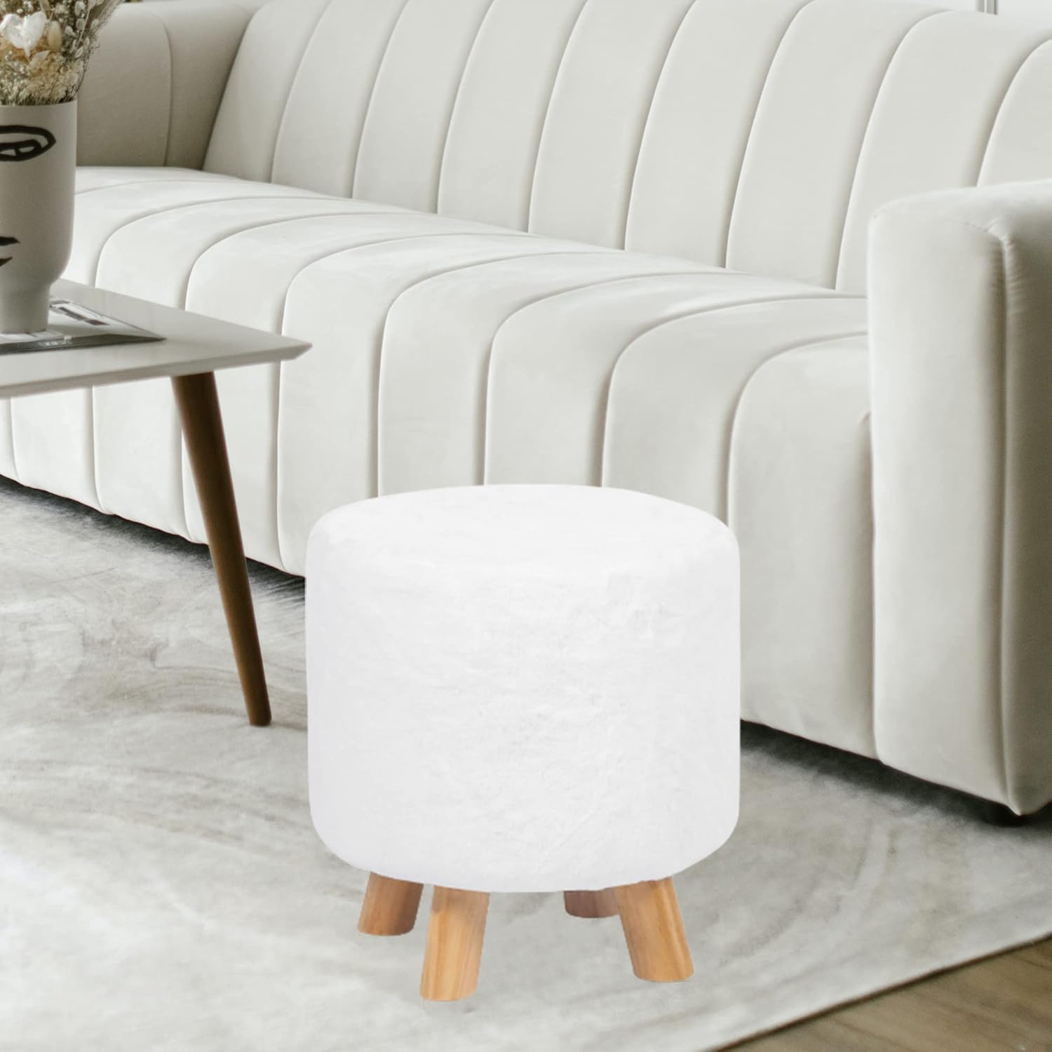 Adeco Reposapiés pequeño redondo con patas de madera, reposapiés peludo, asiento acolchado para mascotas, taburete para sala de estar, dormitorio,
