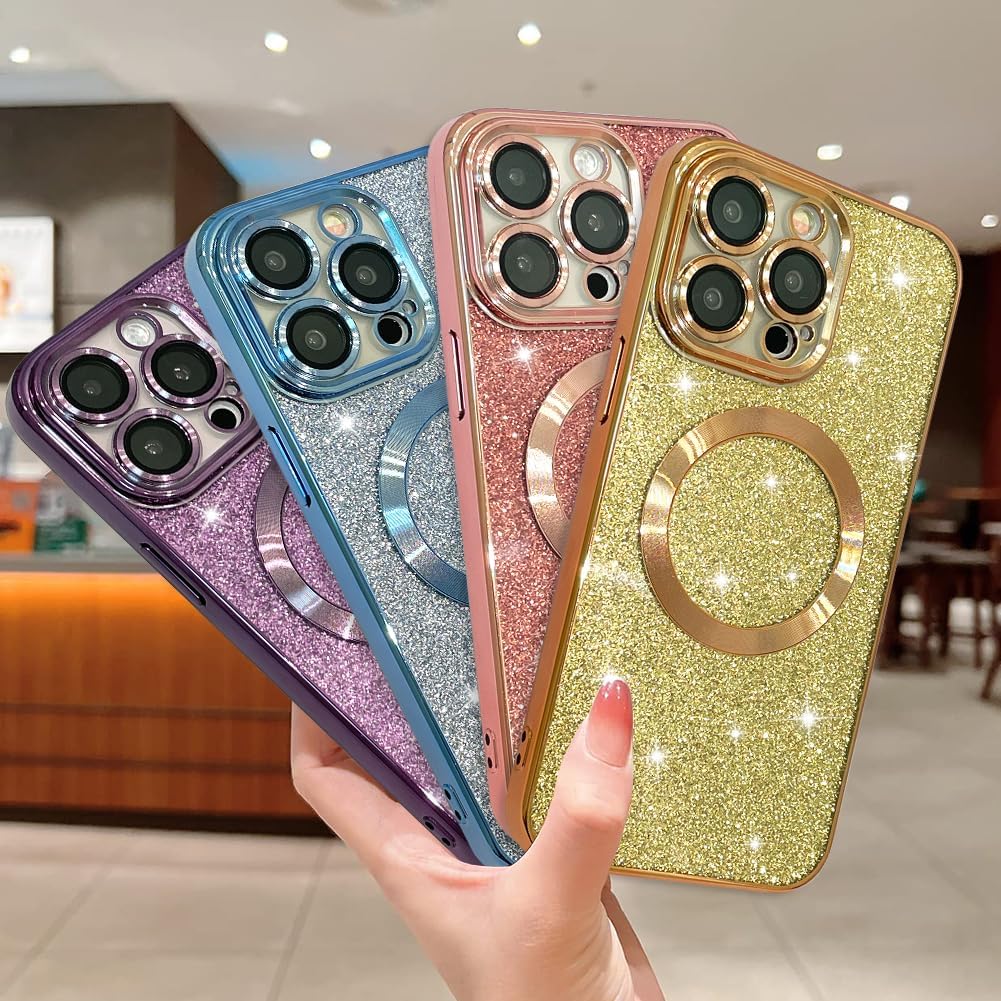 Jefonha Funda magnética con purpurina para iPhone 14 Pro de 6.1 pulgadas, compatible con Magsafe, bonita funda de lujo chapada en brillo, protector