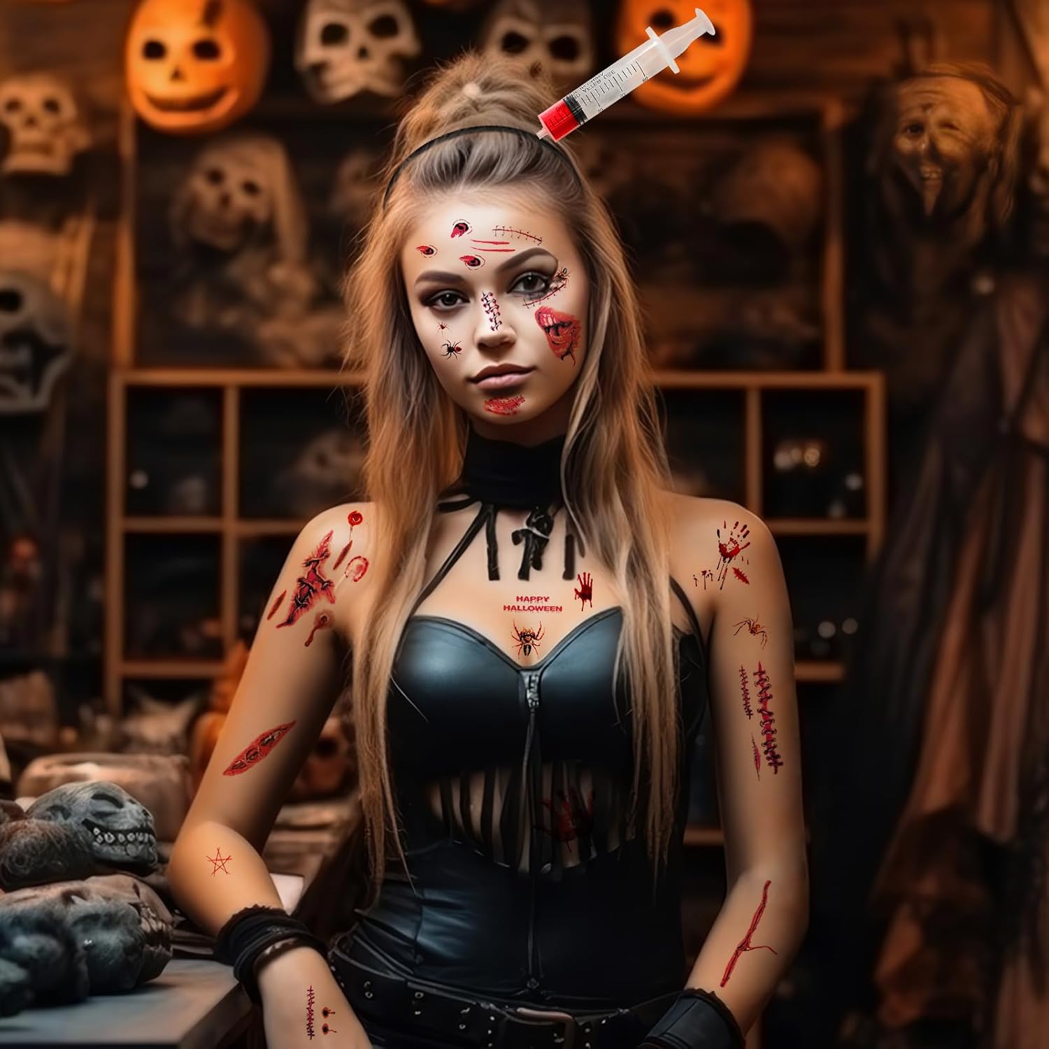 DECYOOL Diadema de terror de Halloween, 36 piezas de accesorios de maquillaje de zombi de Halloween, accesorios de disfraz de Halloween para