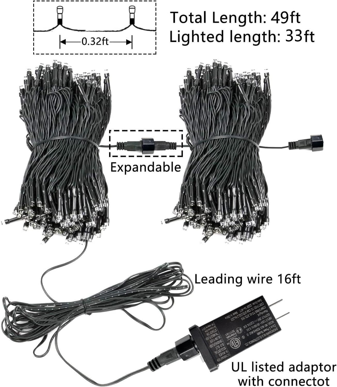 Guirnalda de 100 luces LED de Navidad de 33 pies para interiores y exteriores, función de memoria y temporizador y 8 modos, certificado UL,