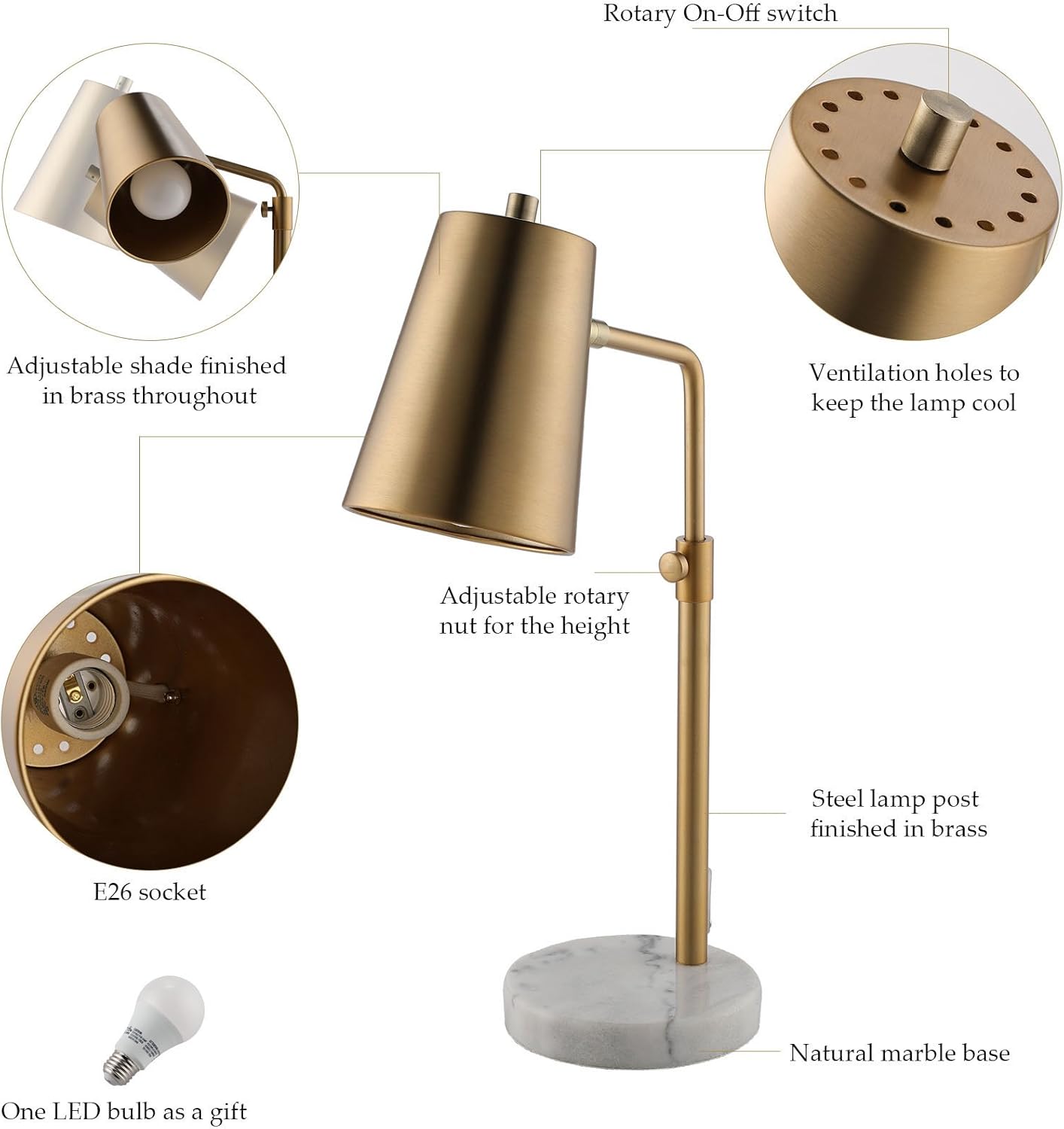 VONLUCE Lámpara de escritorio dorada con bombilla LED ajustable, lámpara de mesa de metal de latón antiguo, base de mármol, lámpara de lectura