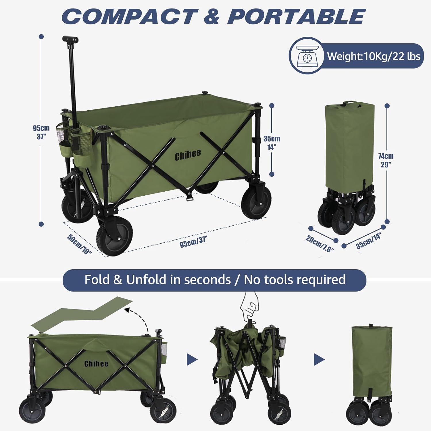Chihee Carro plegable de playa, carrito de jardín resistente con 2 portavasos, carrito de campamento para ruedas cardán con sistema de frenado, tela