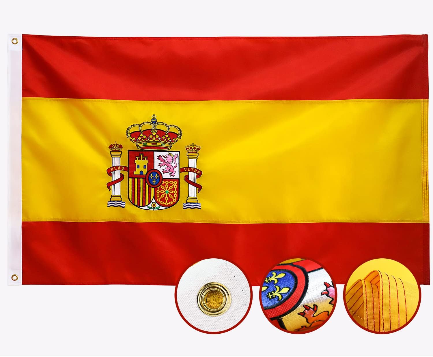 Bandera de España de doble cara de 3 x 5 para exteriores, bordada, nailon 210D resistente, rayas cosidas, ojales de latón más fuertes, 4 dobladillos