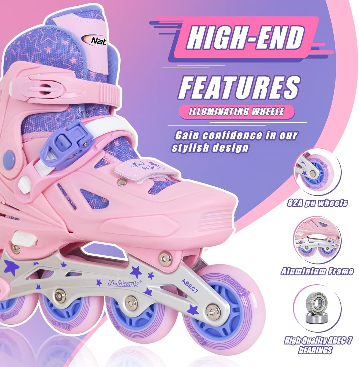 Nattork Patines en línea para niñas y niños, 4 tamaños ajustables en línea con ruedas iluminadas, patines iluminadores para principiantes para niños