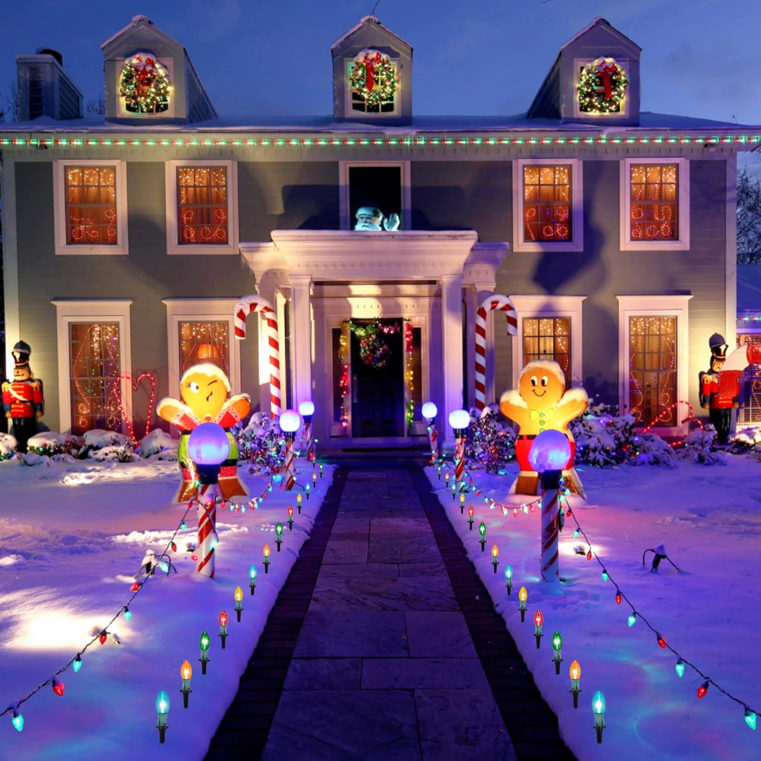 Luces de camino de Navidad para exteriores, luces de Navidad de 51.4 pies con 40 bombillas y estacas multicolores, conectables al aire libre,