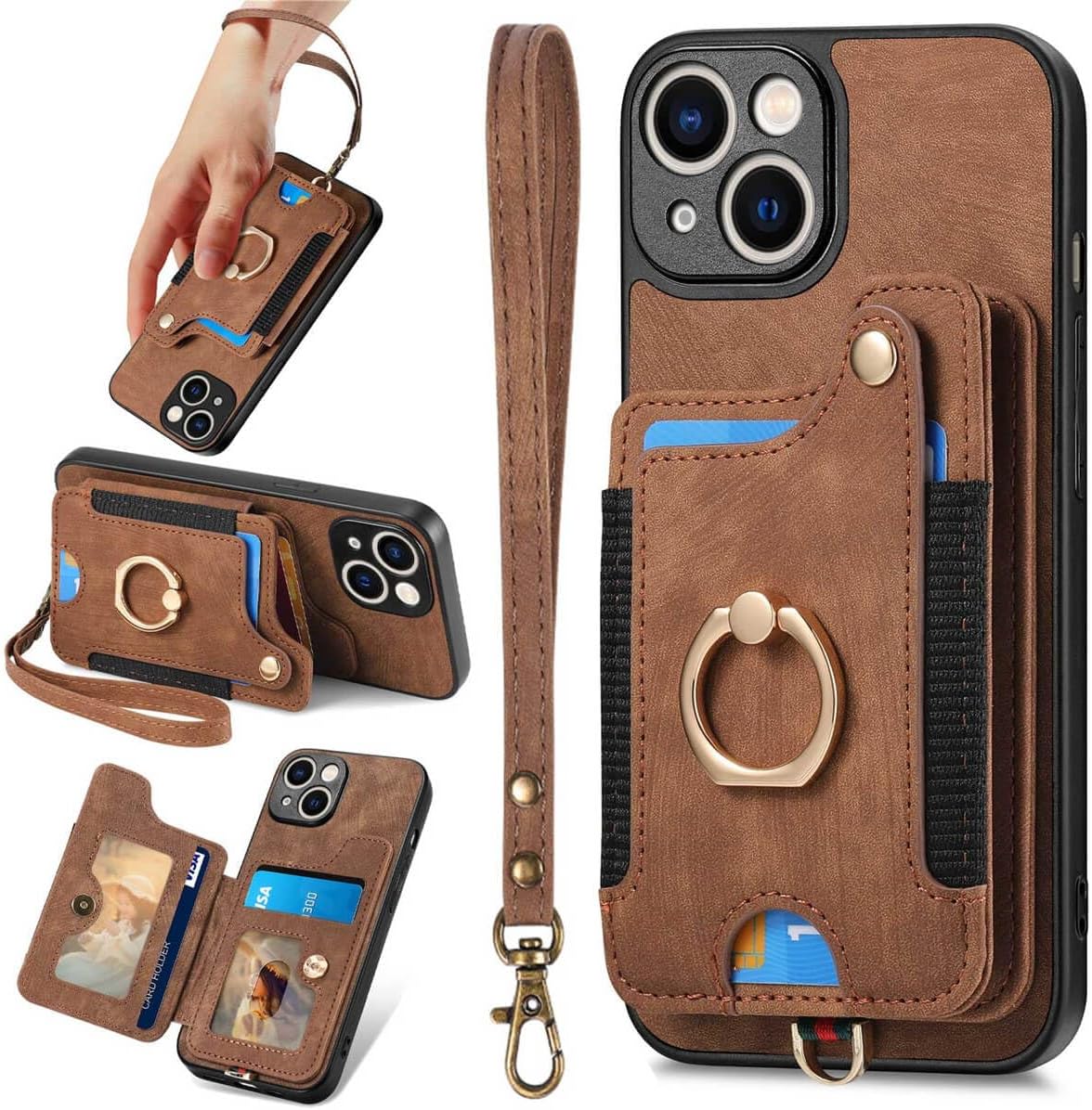 JanCalm Funda con tarjetero para iPhone 15 Plus, soporte con anillo, bloqueo RFID, protector de cámara, correa protectora magnética de cuero para