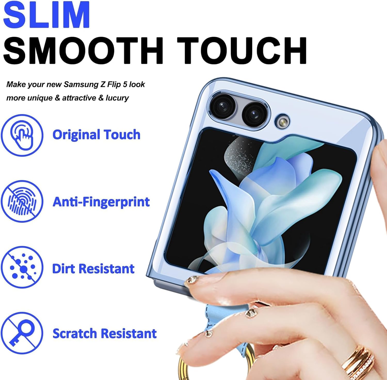 Miimall Funda para Samsung Galaxy Z Flip 5 2023, con soporte de anillo de fácil sujeción, plegable ultrafina, sin amarilleo, cubierta trasera